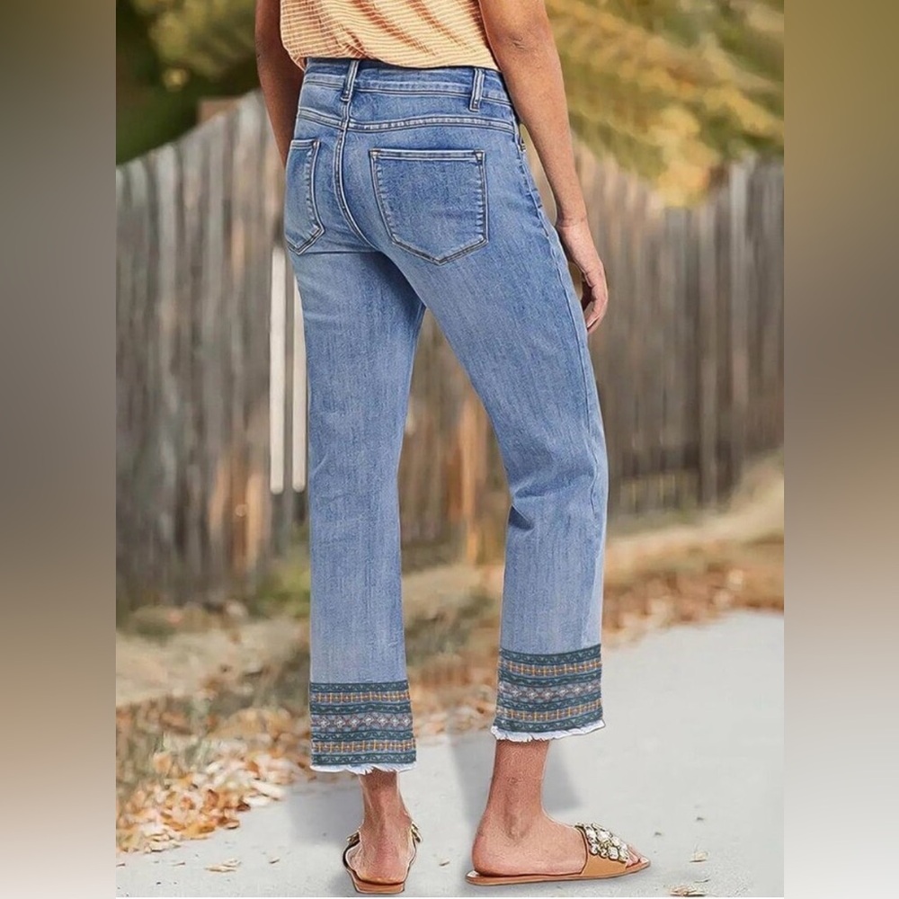 Flamingals Straight Leg Cropped Mid Rise Stretchy Tribal Embroidery Jeans-Large - Picture 4 of 7